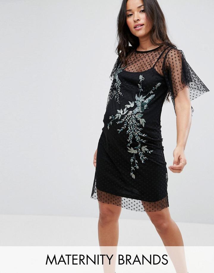 Hope & Ivy Maternity Dotty Mesh Dress With Embellishment - Black