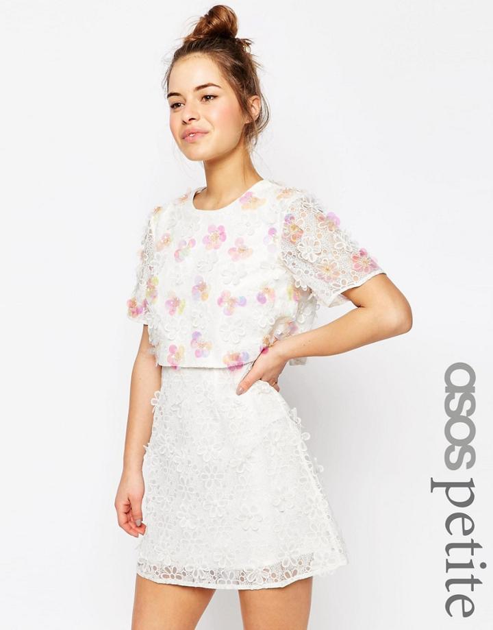 Asos Petite Salon 3d Floral Lace Embroidered Crop Top Mini Dress - White