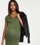 Asos Design Maternity Ribbed Cap Sleeve Mini Shirt Dress In Khaki-green