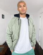 Pull & Bear Padded Bomber Jacket With Jersey Hood In Khaki-green