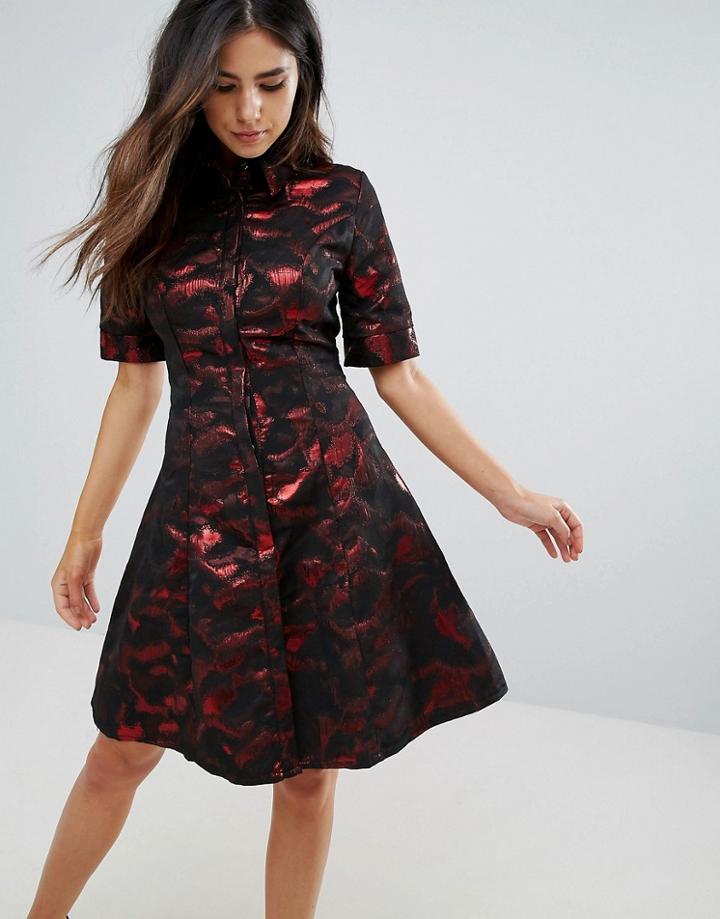 City Goddess Metallic Jacquard Skater Dress - Red