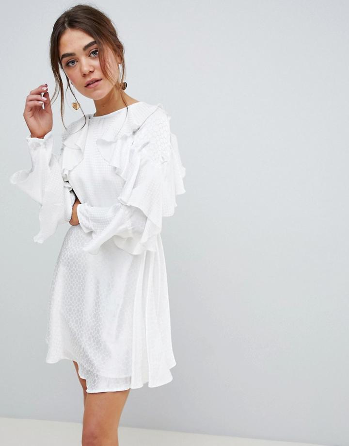 Asos Design Jacquard Mini Dress With Ruffle Sleeves And Cut Out Back - White