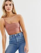 Asos Design One Shoulder Skinny Sleeveless Crop Top In Tobacco - Brown