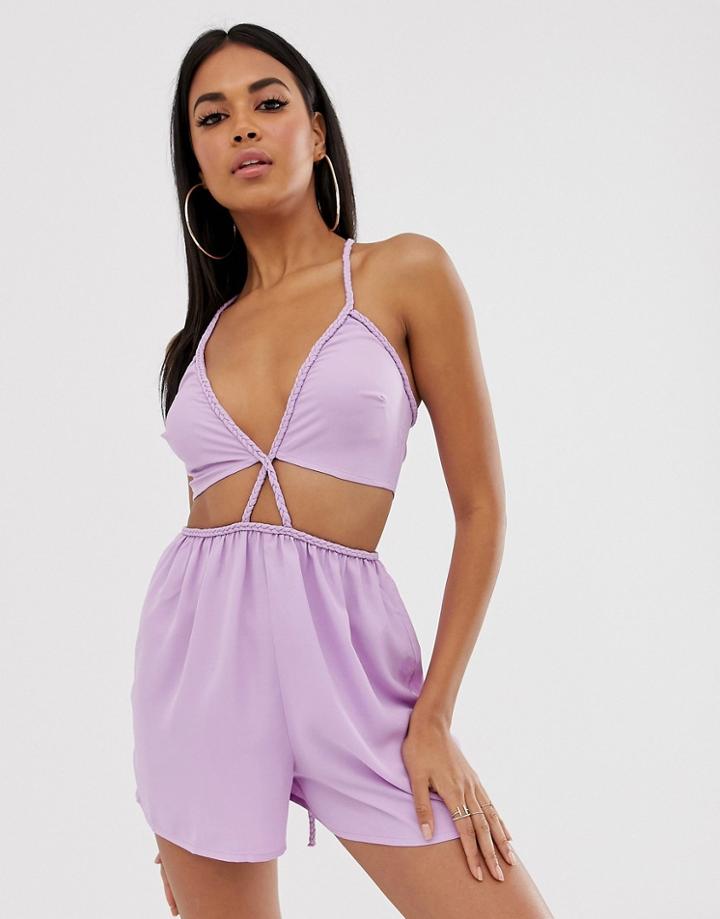 Asos Design Beach Romper With Cut Out Braid Detail Waist - Purple