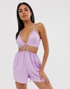 Asos Design Beach Romper With Cut Out Braid Detail Waist - Purple