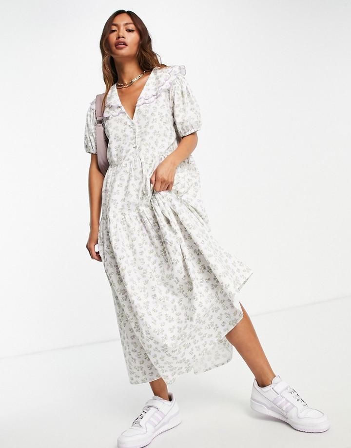 Neon Rose Midi Smock Dress With Puff Sleeves And Vintage Embroidered Collar In Ditsy Floral-white