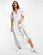 Neon Rose Midi Smock Dress With Puff Sleeves And Vintage Embroidered Collar In Ditsy Floral-white