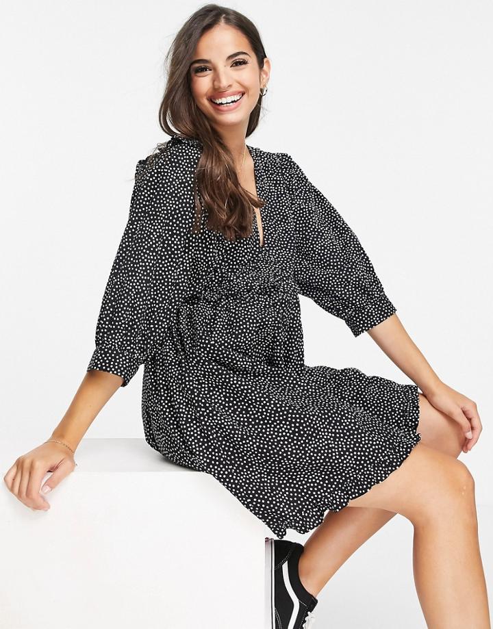 Asos Design Frill V Neck Cotton Button Through Mini Smock Dress In Black Spot Print-multi