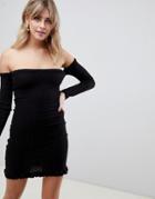 Asos Design Bardot Frill Ribbed Knit Mini Dress-black