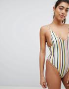 Pull & Bear Stripe Swimsuit With Dip Back - Pink