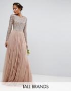 Maya Tall Long Sleeve Sequin Top Maxi Tulle Dress - Pink