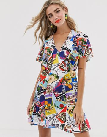 Twisted Wunder V-neck Mini Dress In Postcard Print-multi