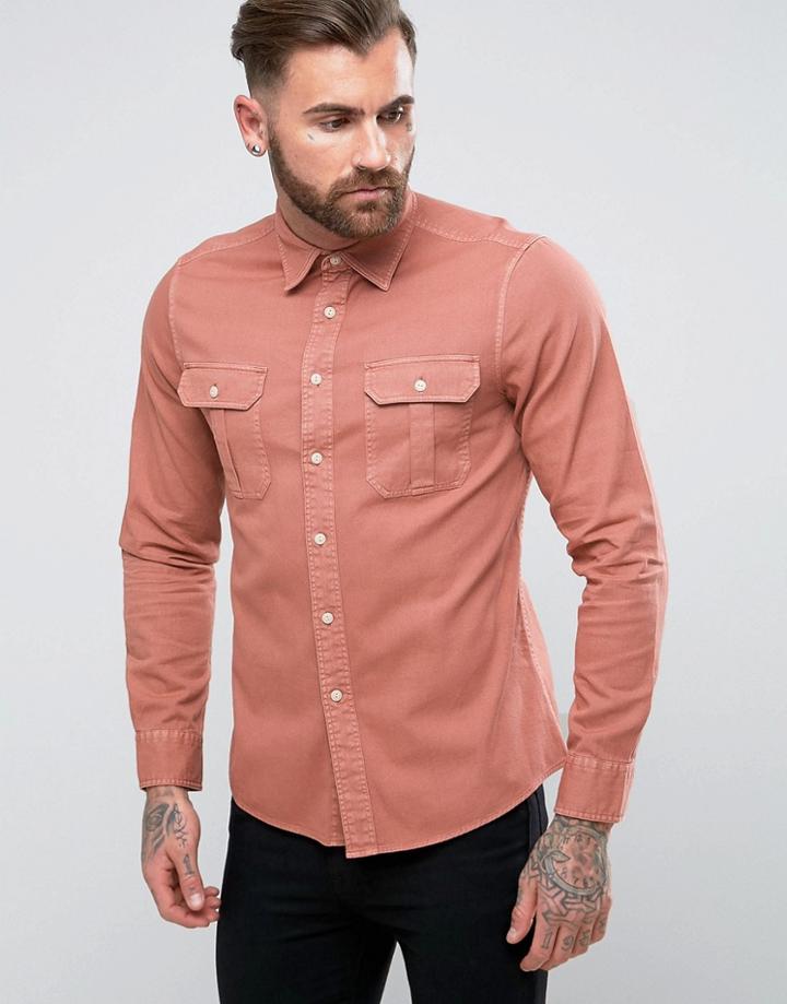 Asos Regular Fit Laundered Twill Shirt With Double Pocket In Pink - Pink