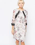 Little Mistress Tunic Dress With Blurred Floral Mesh - Gray Print