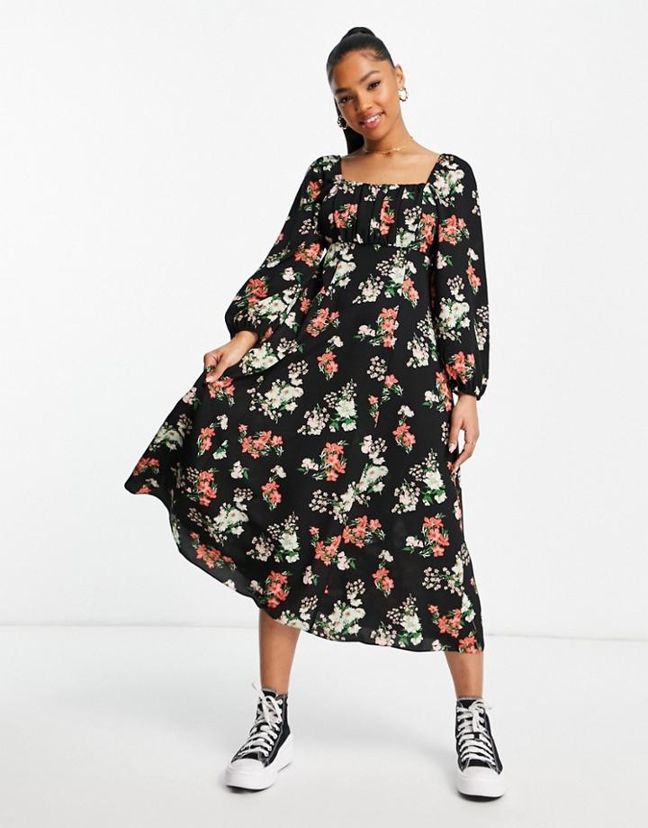 Asos Design Square Ruched Neck Midi Dress In Black Floral Print-multi