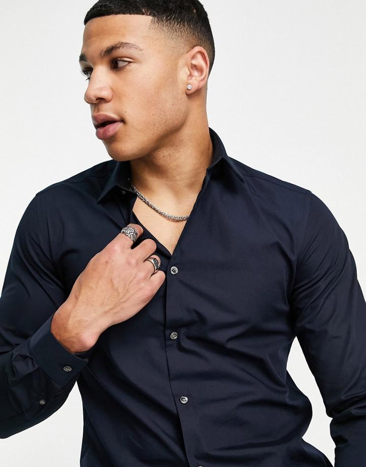 French Connection Slim Fit Plain Poplin Slim Fit Shirt-navy