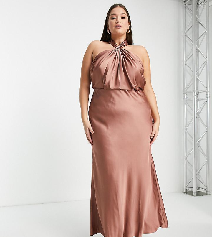 Asos Edition Curve Satin Ruched Halter Neck Maxi Dress In Cinnamon Rose-copper