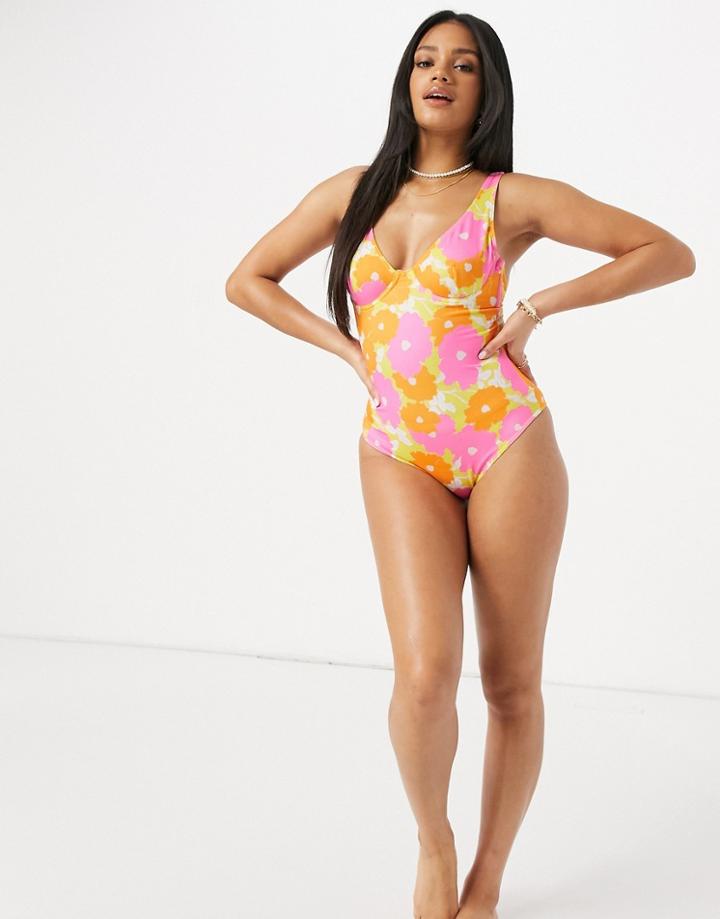 Asos Design Step Front Underwire Swimsuit In Block Floral Print-multi