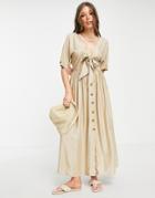 Asos Design Knot Front Button Through Maxi Dress In Beige-neutral