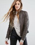 Goosecraft Collarless Leather Biker Jacket With Ribbed Arm - Brown