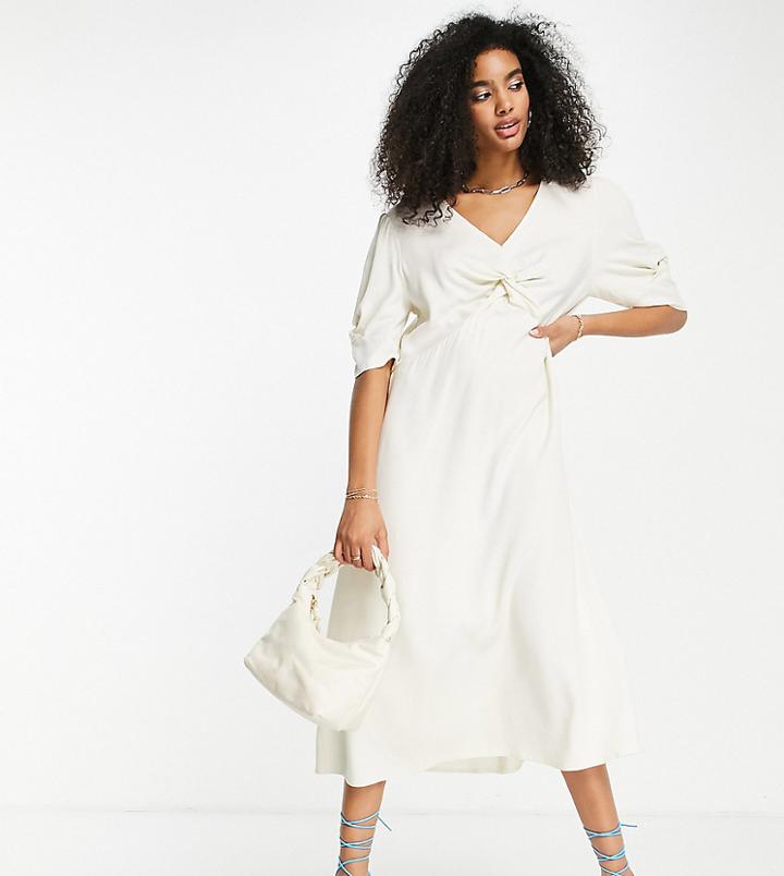 Closet London Plus Twist Front Puff Sleeve Midi Dress In Cream-white