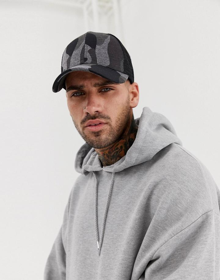 Asos Design Trucker Cap In Gray With Camo Print - Gray