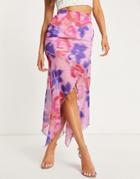Asos Design Soft Asymmetric Hem Midi Skirt With Lettuce Edge In Blur Floral-multi