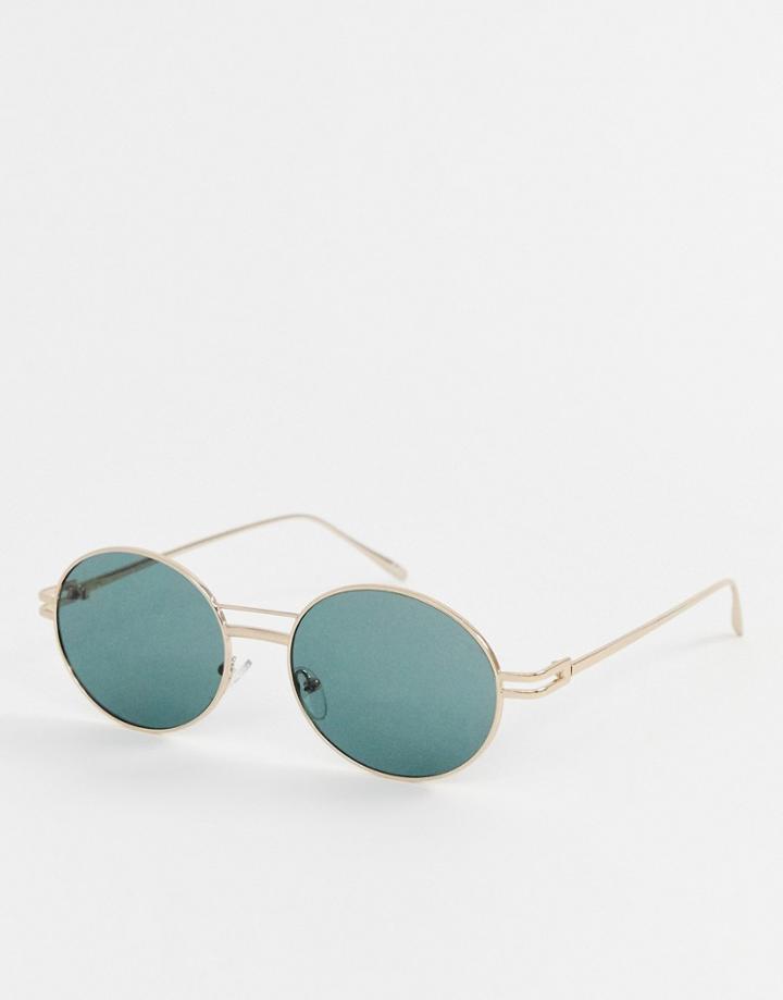 Asos Design Oval Sunglasses In Gold With Smoke Lens & Arm Detail - Gold