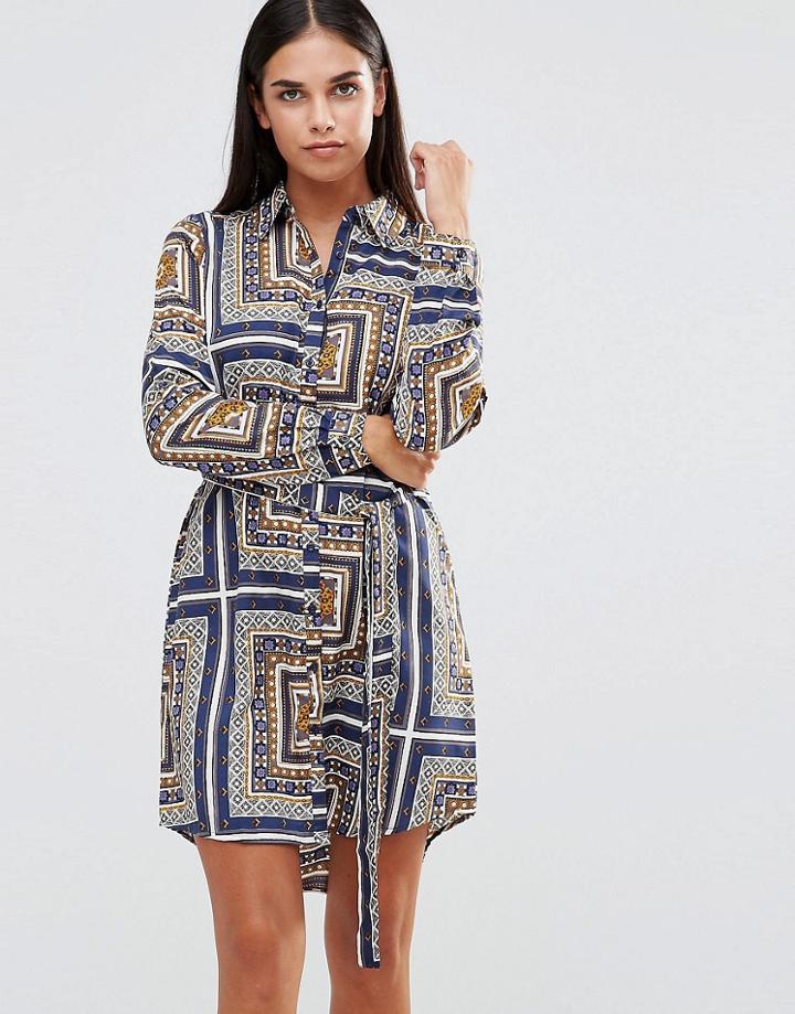 Ax Paris Long Sleeve Printed Shirt Dress - Multi