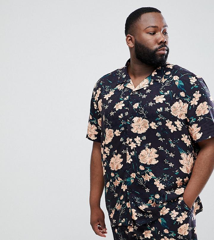 Asos Design Plus Two-piece Oversized Floral Shirt With Revere Collar In Black - Black