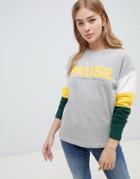Blend She Jastine Pause Print Sporty Color Block Sweatshirt - Gray