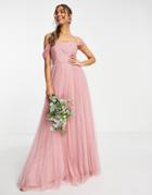 Asos Design Bridesmaid Off Shoulder Tulle Maxi Dress With Tie Back And Pleated Skirt In Rose-pink