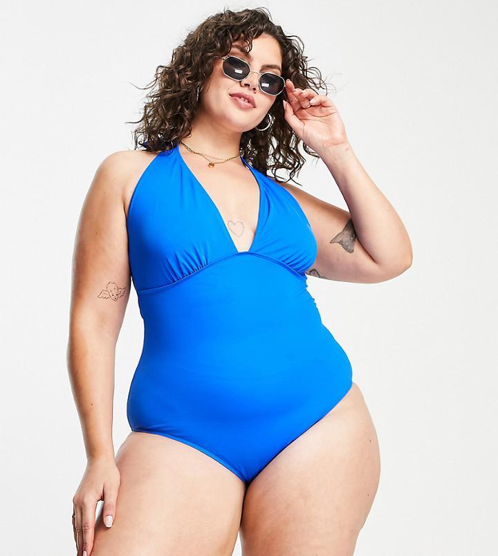 Simply Be Halter Neck Swimsuit In Bright Blue