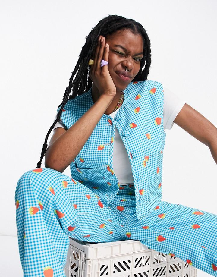 Native Youth Button Up Vest In Strawberry Picnic Print - Part Of A Set-blue