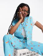 Native Youth Button Up Vest In Strawberry Picnic Print - Part Of A Set-blue