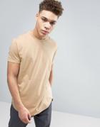 Asos Super Longline T-shirt In Beige With Curved Hem - Beige