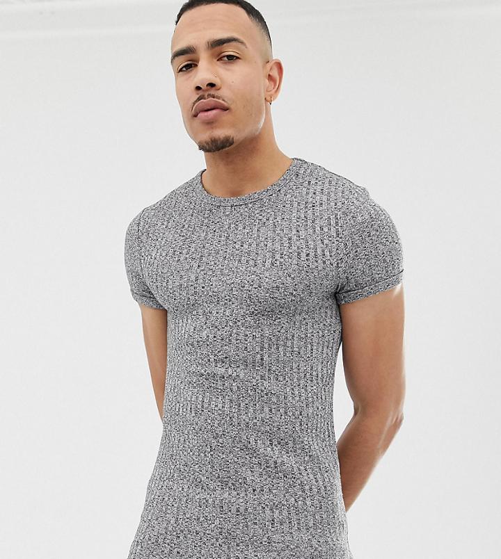 Asos Design Tall Muscle Longline T-shirt With Curved Hem And Roll Sleeve In Interest Rib - Gray
