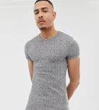 Asos Design Tall Muscle Longline T-shirt With Curved Hem And Roll Sleeve In Interest Rib - Gray