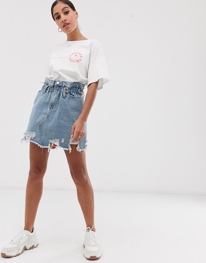 Signature 8 Ruched Waist Denim Mini Skirt-blue