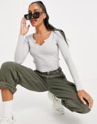 Brave Soul Jane Notch Neck Long Sleeve Top-grey
