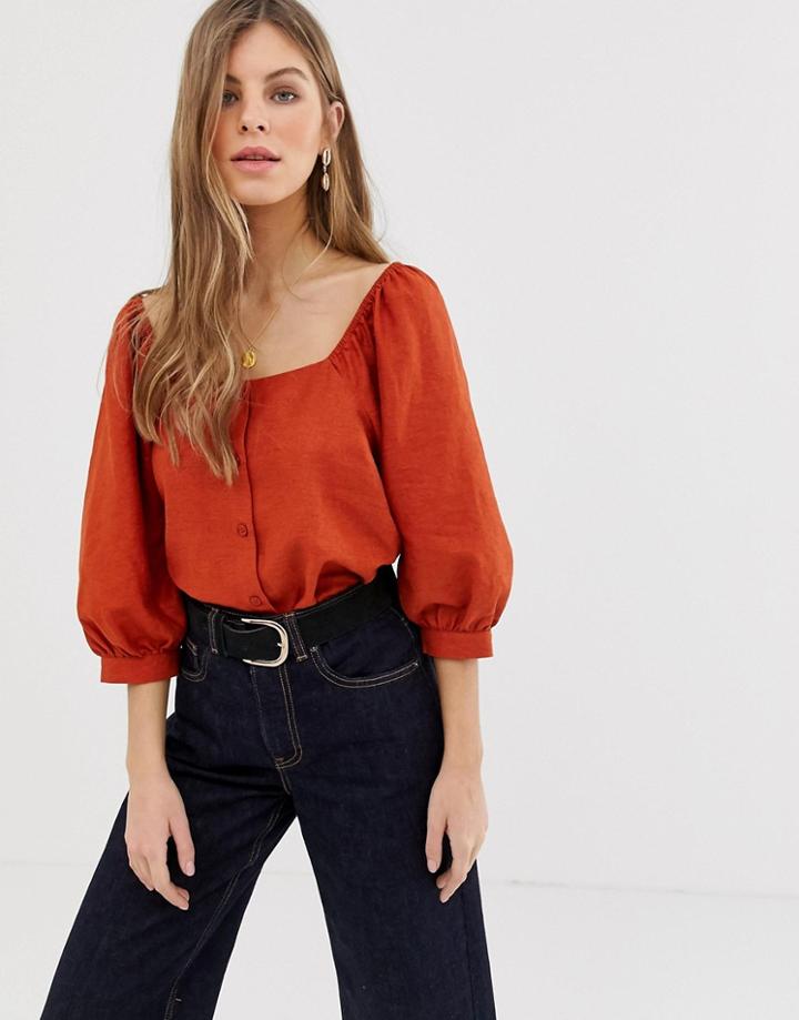 Asos Design 3/4 Sleeve Square Neck Top With Button Detail In Linen - Orange