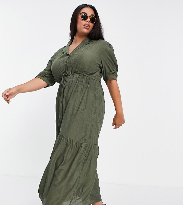 Lola May Plus Mini Cord Revere Collar Dress In Khaki-green