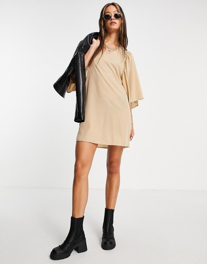 Vero Moda Flutter Sleeve Dress In Beige-brown