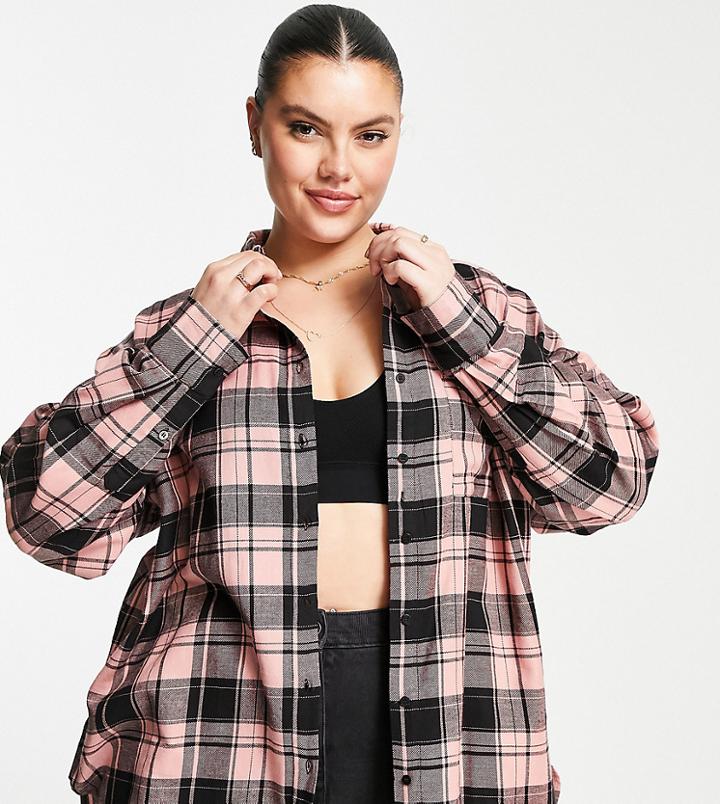 Simply Be Oversized Boyfriend Shirt In Pink Check