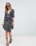 Asos Design Wrap Dress In Mixed Print - Black