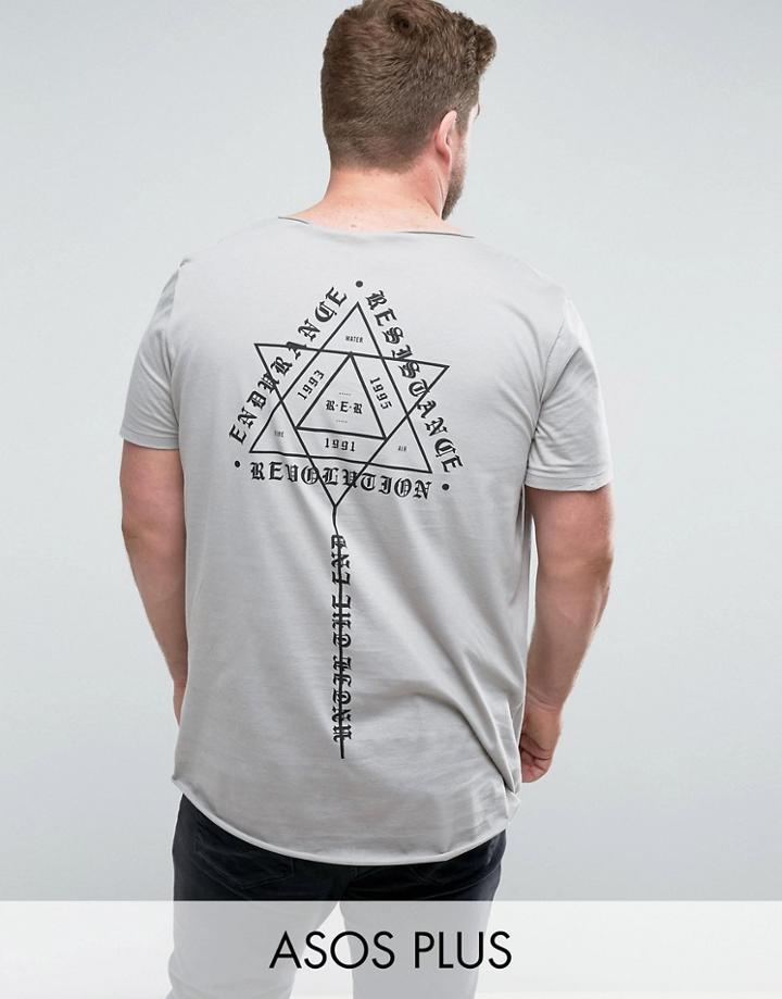 Asos Plus Longline T-shirt With Back And Chest Print And Raw Edge Curved Hem - Gray