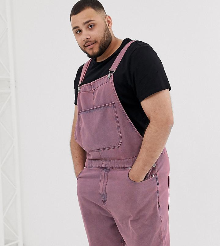 Asos Design Plus Denim Overall Shorts In Pink Acid Wash - Pink