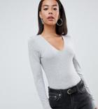 Asos Design Tall Ultimate Top With Long Sleeve And V-neck In Gray - Gray