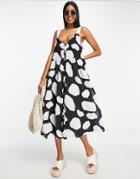 Asos Design Button Through Midi Sundress In Mono Abstract Print With Grosgrain Straps-multi