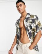 River Island Checkerboard Camp Collar Shirt In Ecru-white